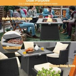 Tangkula 35 Inch Rattan Propane Gas Fire Pit Table, Patiojoy 50,000 BTU Outdoor Wicker Patio Propane Fire Pit