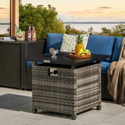 Tangkula 29 Inch Rattan Propane Fire pit Table, Patiojoy 50,000 BTU Outdoor Square Fire Pit with Lava Rocks & Protective Cover