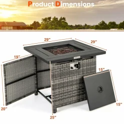 Tangkula 29 Inch Rattan Propane Fire pit Table, Patiojoy 50,000 BTU Outdoor Square Fire Pit with Lava Rocks & Protective Cover