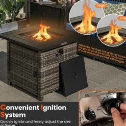 Tangkula 29 Inch Rattan Propane Fire pit Table, Patiojoy 50,000 BTU Outdoor Square Fire Pit with Lava Rocks & Protective Cover