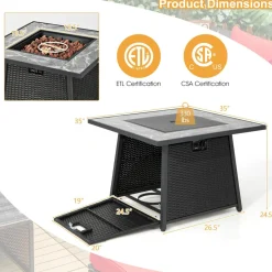 Tangkula 35 Inch Rattan Propane Gas Fire Pit Table, Patiojoy 50,000 BTU Outdoor Wicker Patio Propane Fire Pit