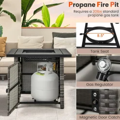 Tangkula 29 Inch Rattan Propane Fire pit Table, Patiojoy 50,000 BTU Outdoor Square Fire Pit with Lava Rocks & Protective Cover