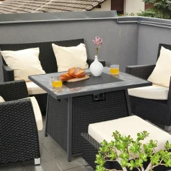Tangkula 35 Inch Rattan Propane Gas Fire Pit Table, Patiojoy 50,000 BTU Outdoor Wicker Patio Propane Fire Pit
