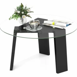 Tangkula 29.5 Inch Round Glass Coffee Table, Modern Center Table with Solid Rubber Wood Legs (Round, Black)