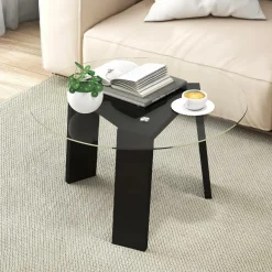 Tangkula 29.5 Inch Round Glass Coffee Table, Modern Center Table with Solid Rubber Wood Legs (Round, Black)
