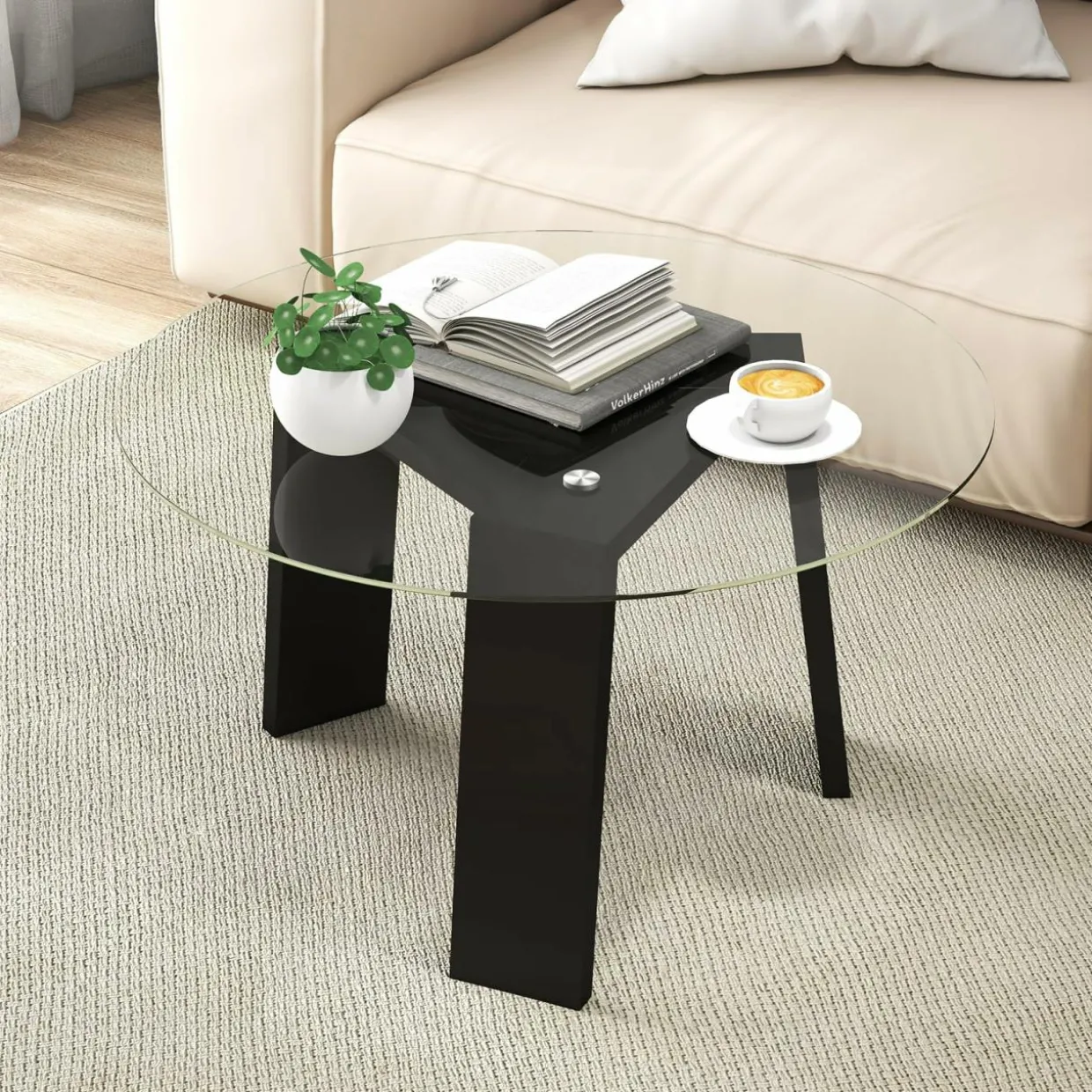 Tangkula 29.5 Inch Round Glass Coffee Table, Modern Center Table with Solid Rubber Wood Legs (Round, Black)