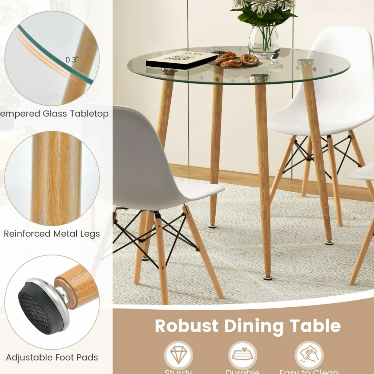 Tangkula 35.5 Inch Round Glass Dining Table, Modern Leisure Table with Tempered Glass Tabletop & Metal Legs