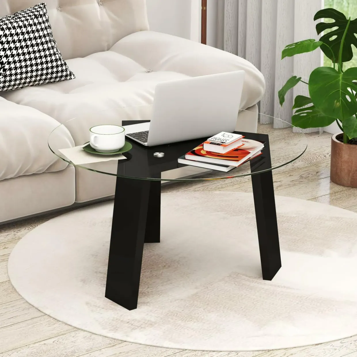 Tangkula 29.5 Inch Round Glass Coffee Table, Modern Center Table with Solid Rubber Wood Legs (Round, Black)