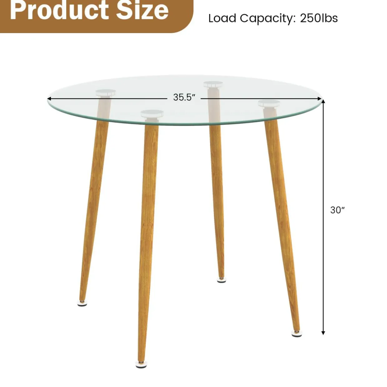 Tangkula 35.5 Inch Round Glass Dining Table, Modern Leisure Table with Tempered Glass Tabletop & Metal Legs