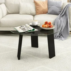 Tangkula 29.5 Inch Round Glass Coffee Table, Modern Center Table with Solid Rubber Wood Legs (Round, Black)