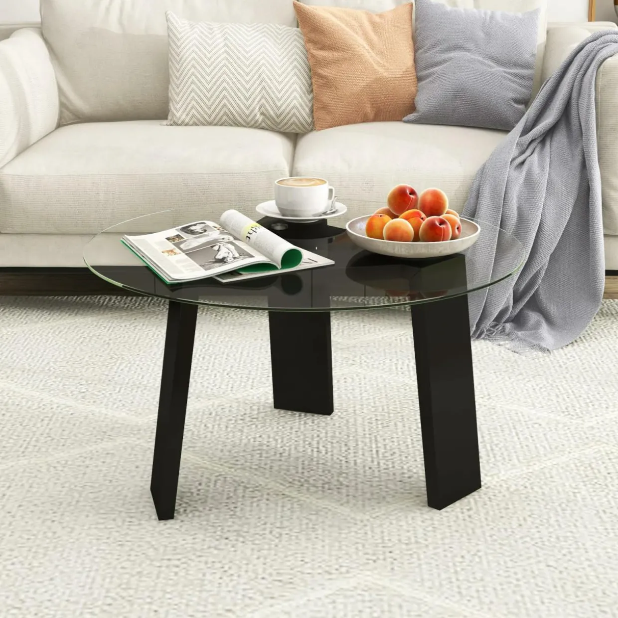 Tangkula 29.5 Inch Round Glass Coffee Table, Modern Center Table with Solid Rubber Wood Legs (Round, Black)