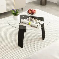 Tangkula 29.5 Inch Round Glass Coffee Table, Modern Center Table with Solid Rubber Wood Legs (Round, Black)