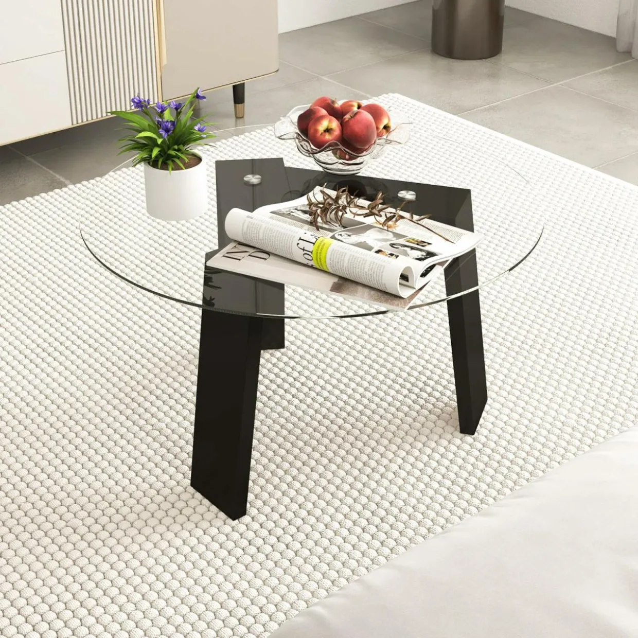 Tangkula 29.5 Inch Round Glass Coffee Table, Modern Center Table with Solid Rubber Wood Legs (Round, Black)