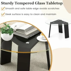 Tangkula 29.5 Inch Round Glass Coffee Table, Modern Center Table with Solid Rubber Wood Legs (Round, Black)