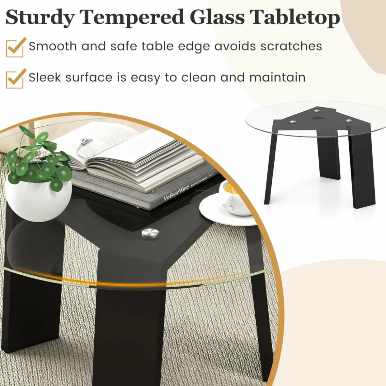 Tangkula 29.5 Inch Round Glass Coffee Table, Modern Center Table with Solid Rubber Wood Legs (Round, Black)