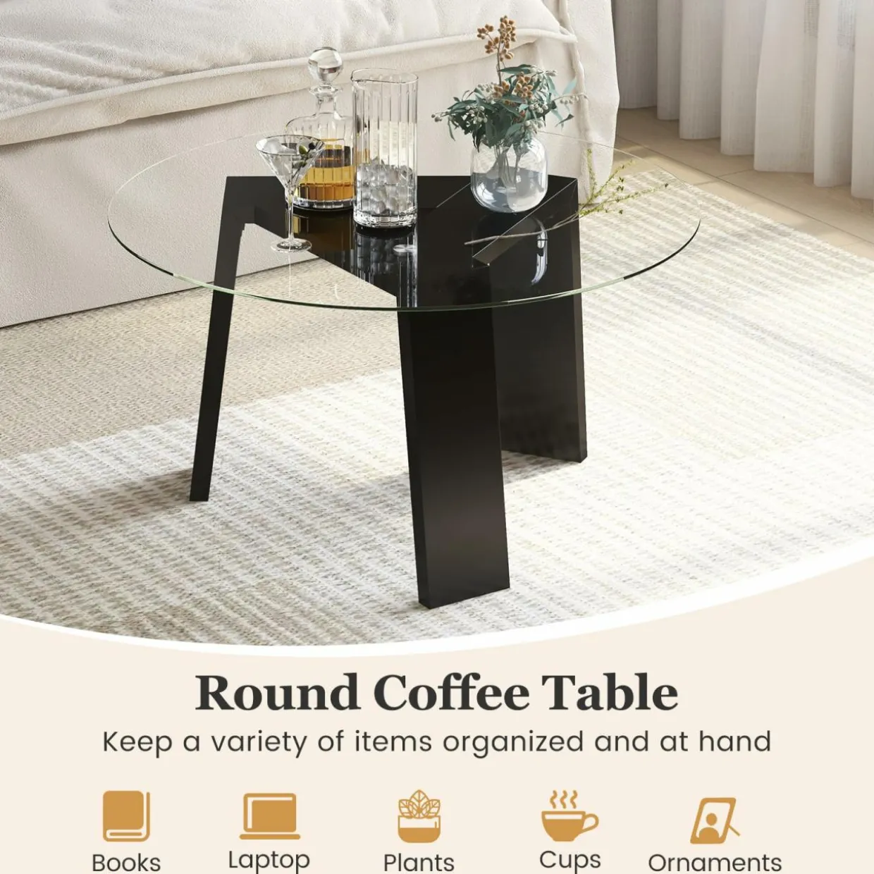 Tangkula 29.5 Inch Round Glass Coffee Table, Modern Center Table with Solid Rubber Wood Legs (Round, Black)