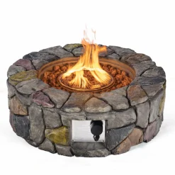 Tangkula 28 Inch Round Propane Gas Fire Pit, Patiojoy 40,000 BTU Stone Look Outdoor Propane Fire Pit with Lava Rocks & PVC Cover