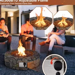 Tangkula 28 Inch Round Propane Gas Fire Pit, Patiojoy 40,000 BTU Stone Look Outdoor Propane Fire Pit with Lava Rocks & PVC Cover