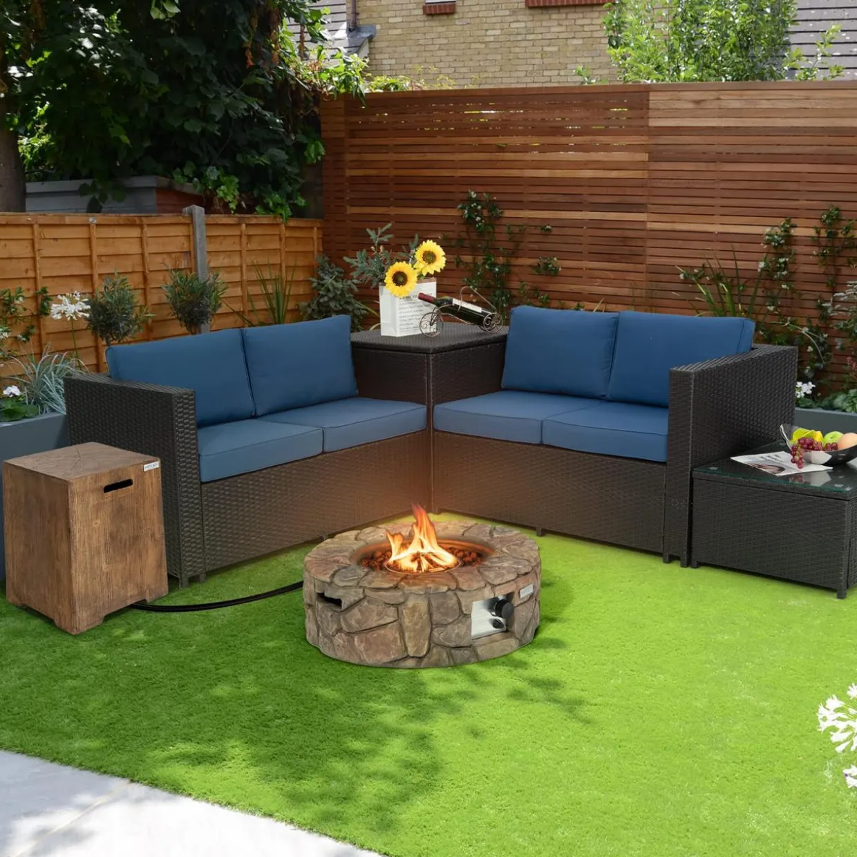 Tangkula 28 Inch Round Propane Gas Fire Pit, Patiojoy 40,000 BTU Stone Look Outdoor Propane Fire Pit with Lava Rocks & PVC Cover