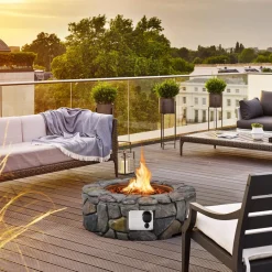 Tangkula 28 Inch Round Propane Gas Fire Pit, Patiojoy 40,000 BTU Stone Look Outdoor Propane Fire Pit with Lava Rocks & PVC Cover