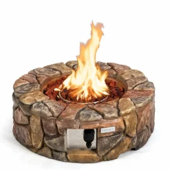 Tangkula 28 Inch Round Propane Gas Fire Pit, Patiojoy 40,000 BTU Stone Look Outdoor Propane Fire Pit with Lava Rocks & PVC Cover