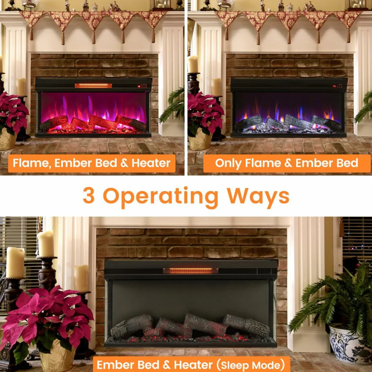 Tangkula 36 Inch 3-Sided Electric Fireplace, 1500W Recessed Fireplace Insert w/ 7-Color Flame