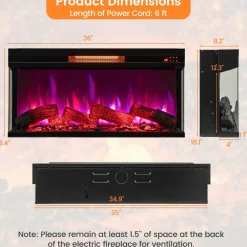 Tangkula 36 Inch 3-Sided Electric Fireplace, 1500W Recessed Fireplace Insert w/ 7-Color Flame