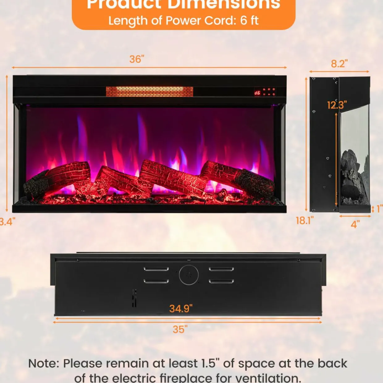 Tangkula 36 Inch 3-Sided Electric Fireplace, 1500W Recessed Fireplace Insert w/ 7-Color Flame
