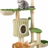 Tangkula 63 Inch Tall Cat Tree, Cute Green Cat Tower with 2 Condos, Plush Top Perch, 2 Basket Beds