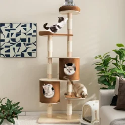 Tangkula 75 Inch Tall Cat Tree for Indoor Cats, Natural Solid Rubber Wood Cat Tower with Sisal Scratching Posts