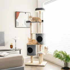 Tangkula 75 Inch Tall Cat Tree for Indoor Cats, Natural Solid Rubber Wood Cat Tower with Sisal Scratching Posts
