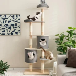 Tangkula 75 Inch Tall Cat Tree for Indoor Cats, Natural Solid Rubber Wood Cat Tower with Sisal Scratching Posts