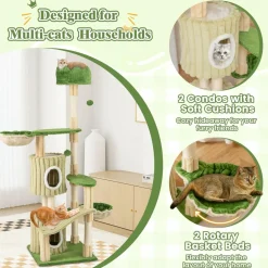 Tangkula 63 Inch Tall Cat Tree, Cute Green Cat Tower with 2 Condos, Plush Top Perch, 2 Basket Beds