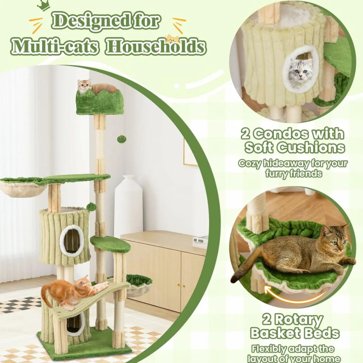 Tangkula 63 Inch Tall Cat Tree, Cute Green Cat Tower with 2 Condos, Plush Top Perch, 2 Basket Beds