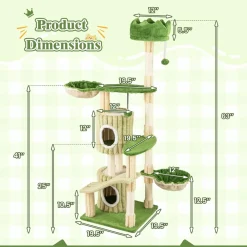 Tangkula 63 Inch Tall Cat Tree, Cute Green Cat Tower with 2 Condos, Plush Top Perch, 2 Basket Beds