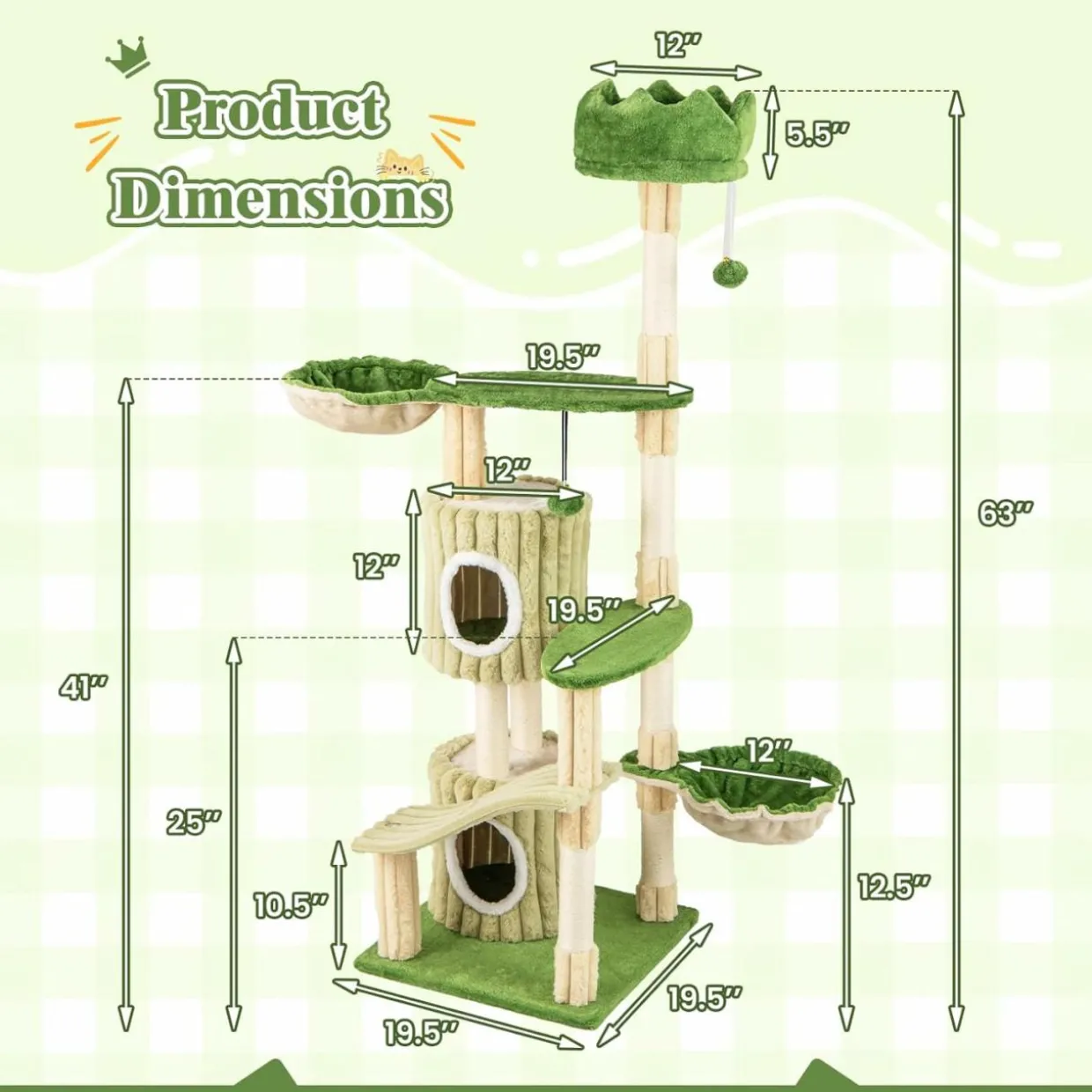 Tangkula 63 Inch Tall Cat Tree, Cute Green Cat Tower with 2 Condos, Plush Top Perch, 2 Basket Beds