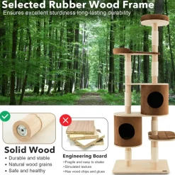 Tangkula 75 Inch Tall Cat Tree for Indoor Cats, Natural Solid Rubber Wood Cat Tower with Sisal Scratching Posts