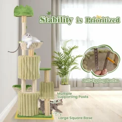 Tangkula 63 Inch Tall Cat Tree, Cute Green Cat Tower with 2 Condos, Plush Top Perch, 2 Basket Beds