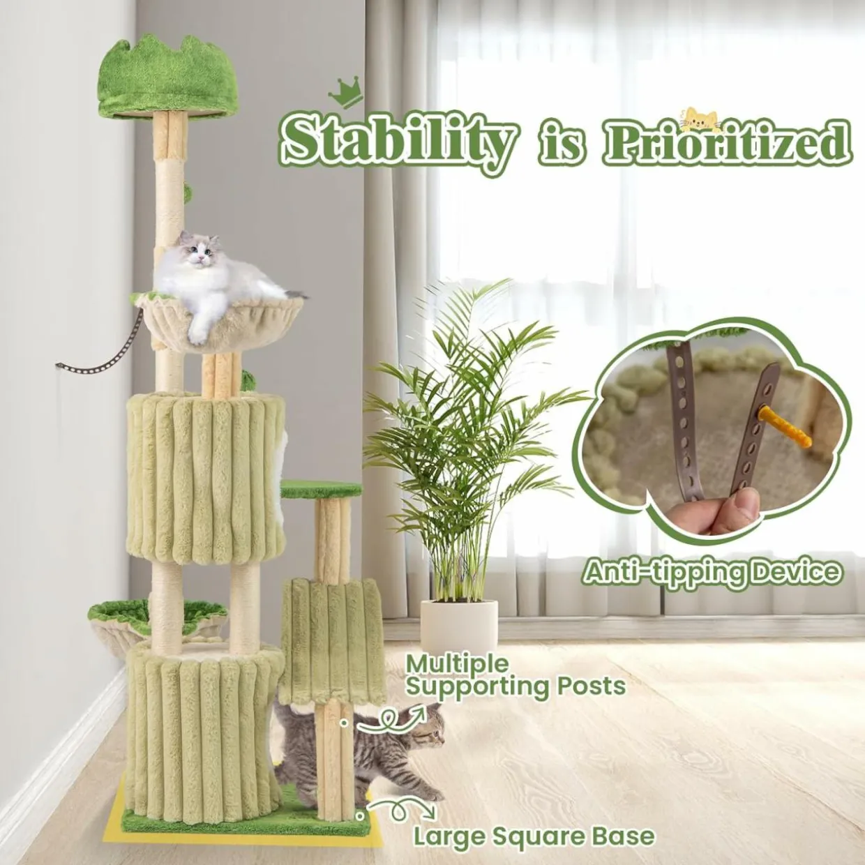 Tangkula 63 Inch Tall Cat Tree, Cute Green Cat Tower with 2 Condos, Plush Top Perch, 2 Basket Beds