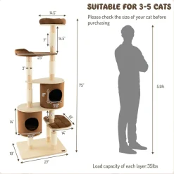 Tangkula 75 Inch Tall Cat Tree for Indoor Cats, Natural Solid Rubber Wood Cat Tower with Sisal Scratching Posts