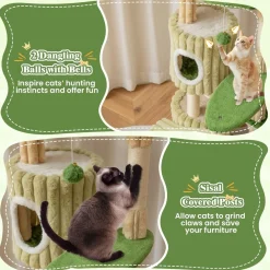 Tangkula 63 Inch Tall Cat Tree, Cute Green Cat Tower with 2 Condos, Plush Top Perch, 2 Basket Beds