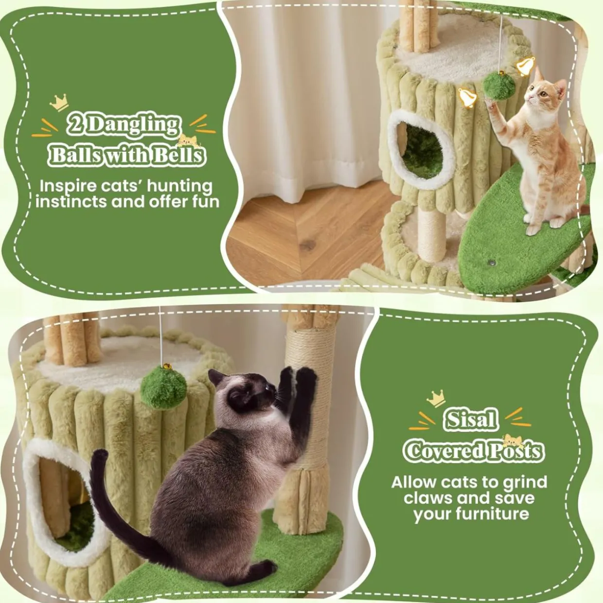 Tangkula 63 Inch Tall Cat Tree, Cute Green Cat Tower with 2 Condos, Plush Top Perch, 2 Basket Beds