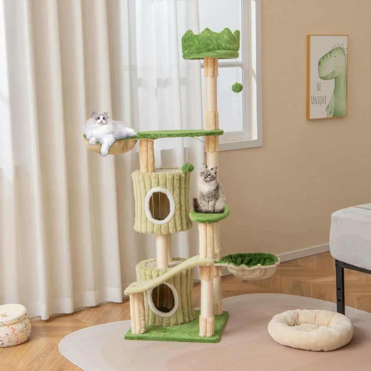 Tangkula 63 Inch Tall Cat Tree, Cute Green Cat Tower with 2 Condos, Plush Top Perch, 2 Basket Beds