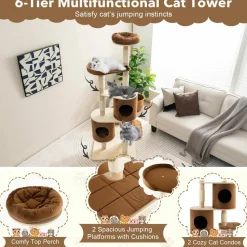 Tangkula 75 Inch Tall Cat Tree for Indoor Cats, Natural Solid Rubber Wood Cat Tower with Sisal Scratching Posts