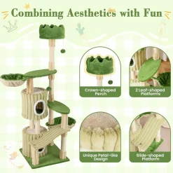 Tangkula 63 Inch Tall Cat Tree, Cute Green Cat Tower with 2 Condos, Plush Top Perch, 2 Basket Beds