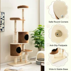 Tangkula 75 Inch Tall Cat Tree for Indoor Cats, Natural Solid Rubber Wood Cat Tower with Sisal Scratching Posts
