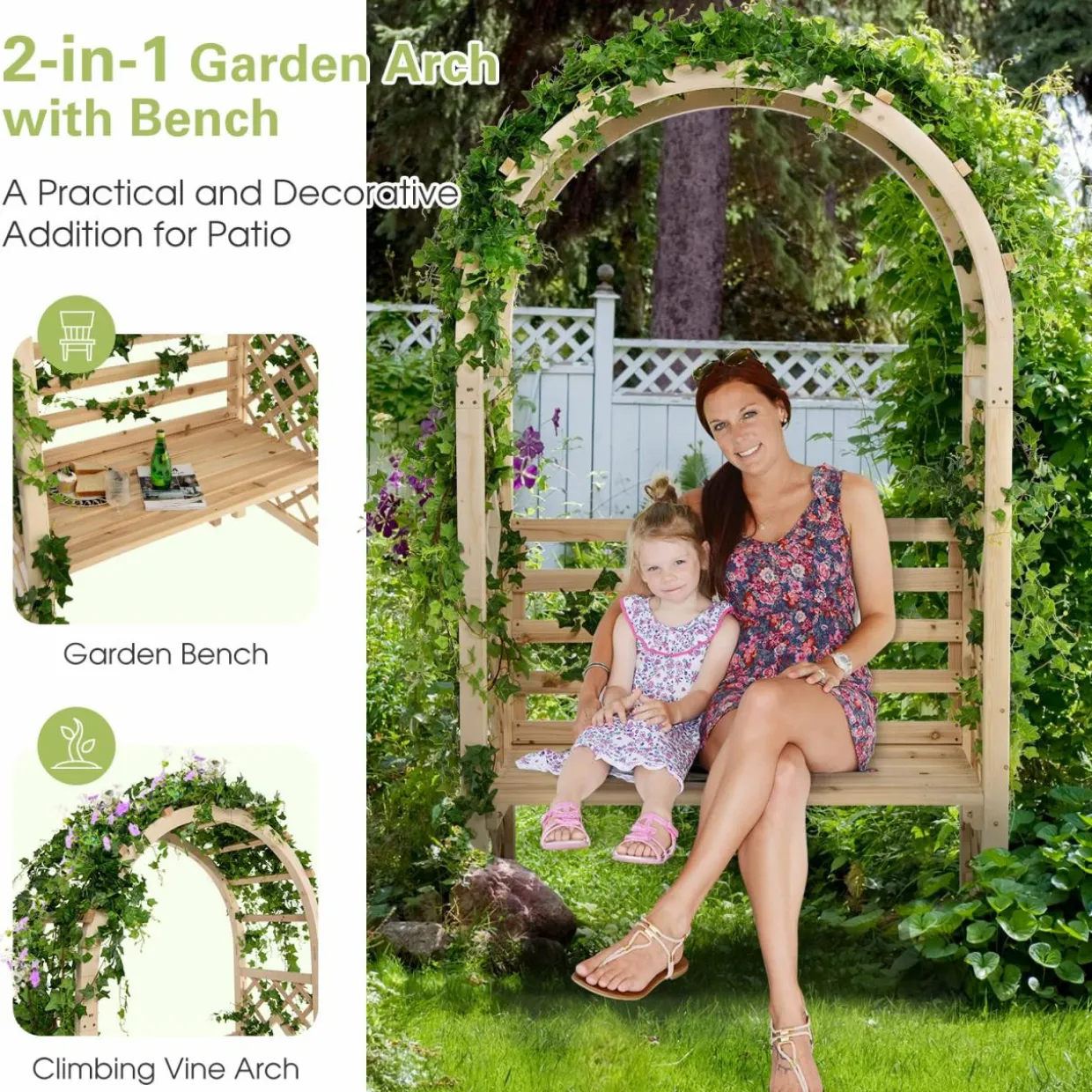 Tangkula 81.5 Inch Wooden Arch with 2 Person Bench