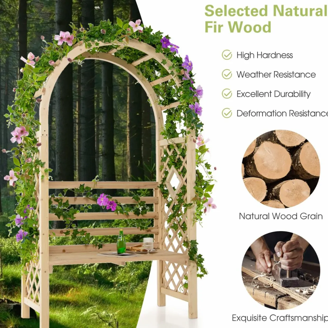 Tangkula 81.5 Inch Wooden Arch with 2 Person Bench