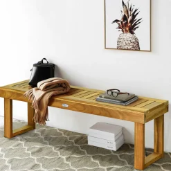 Tangkula 52 Inches Acacia Wood Patio Bench, Wood Dining Bench with Slatted Seat, Patio Backless Bench for Garden Backyard Poolside Balcony
