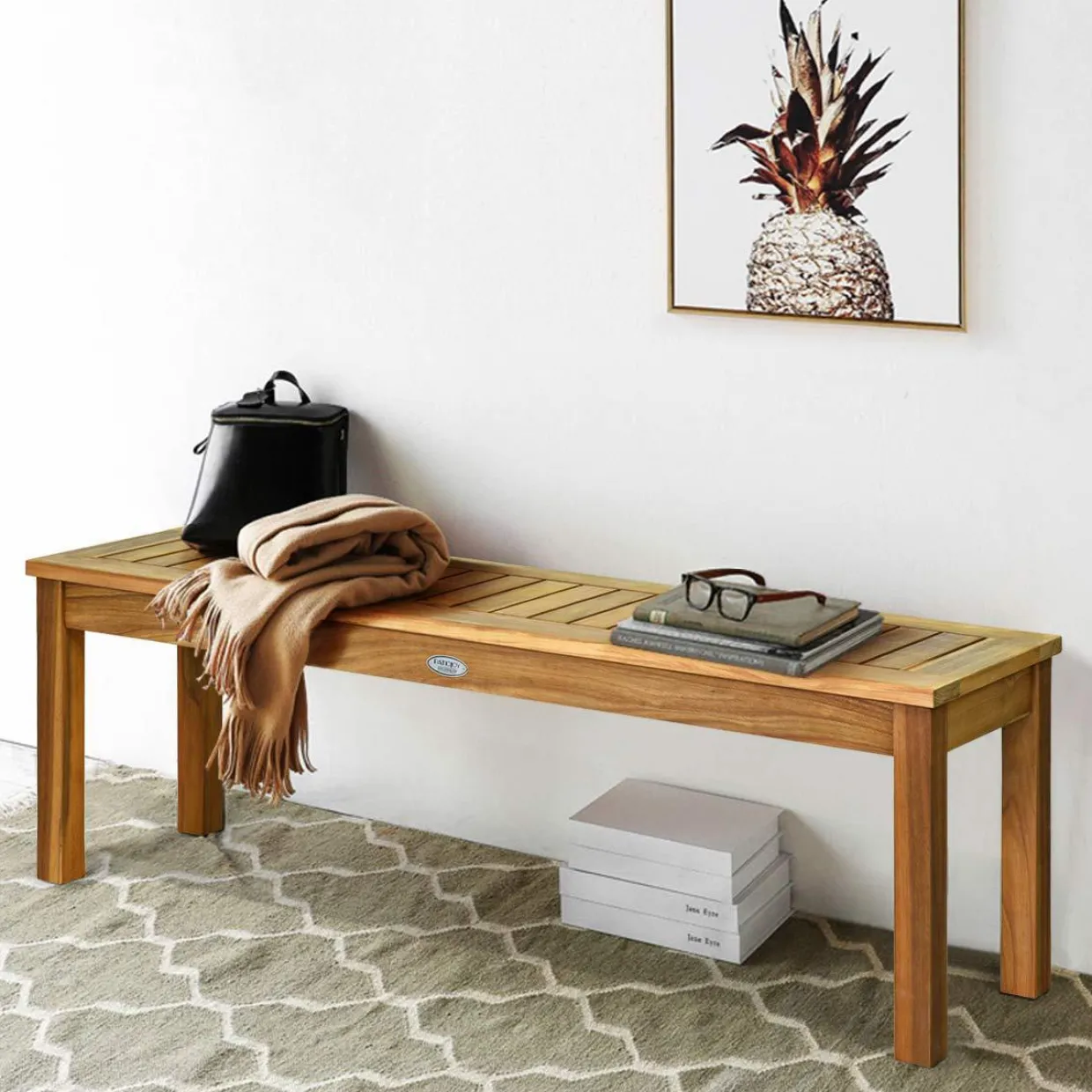 Tangkula 52 Inches Acacia Wood Outdoor Bench, Wood Bench for Dining Room Entryway Poolside Garden